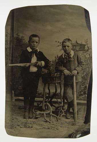 Tintype 2 Children Batter and Boy with Gun