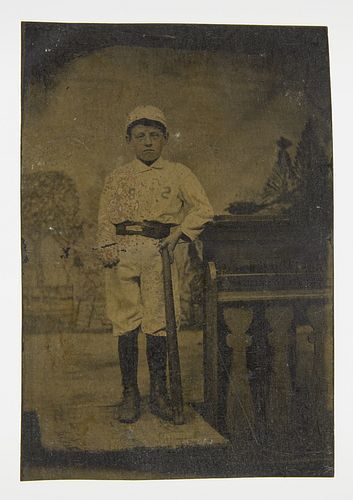 Tintype of Young Batter with Ball and Bat