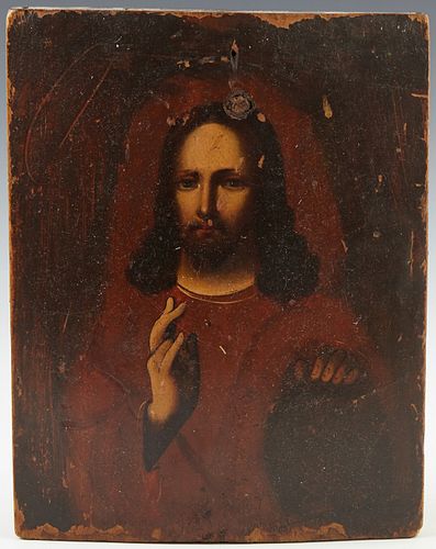 Russian Icon of Christ, 19th c., oil on curved wooden panel, H.- 8 3/4 in., W.- 7 in.