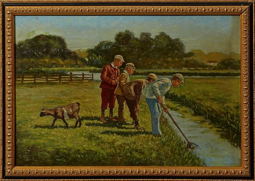 Cornelis Koppenol (1865-1946), "Boys Fishing in a Ditch," early 20th c., oil on panel, signed lower left, presented in a gilt and po...