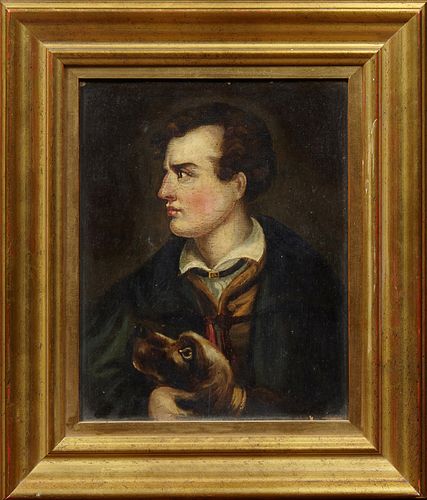 Attr. to Richard Westall (1765-1836), "Sketch of a Portrait of Byron," 18th/19th c., oil on panel, presented in a gilt frame, with a...