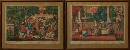 Manner of Abraham Bosse (1602-1676), "El. Oido and L'Ouie," and "El Gusto and "Le Gout," 17th c., pair of colored copper engravings,...