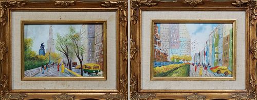 Harry Winfield Rubins (1865-1934), "City Street Scene," 20th c., enamel on copper, signed lower right; and N. Stone, "Street Scene b...
