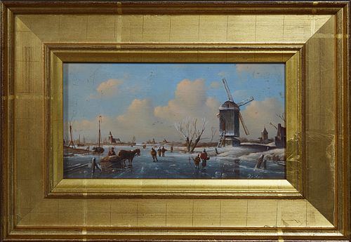 Cornelis Pieter Hoen (1814-1880, Dutch), "Dutch Winter Scene," late 19th c., oil on panel, signed lower right, presented in a wide g...