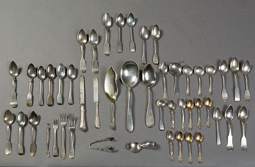 Large Lot of 48 Pieces of Silver- 9 demitasse spoons, 4 mustard spoons, olive fork, fish slice, 11 fiddleback coin silver teaspoons,...