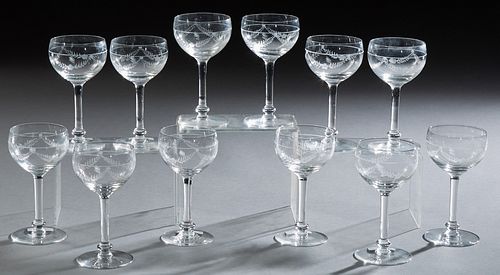 Twelve French Etched Crystal Wine Glasses, early 20th c