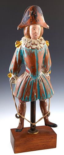 Continental Polychromed Carved Wooden Figure of a Medieval Man Jumping Rope, 20th c., presented on a mahogany stand, H.- 20 1/2 in.,...