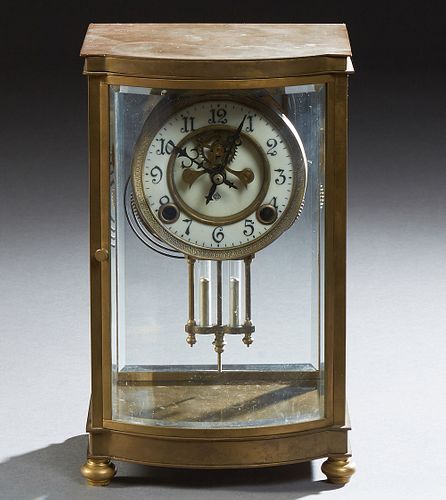 Ansonia Gilt Bronze Crystal Regulator Open Escapement Mantel Clock, 19th c., with an enamel dial, and a curved beveled glass door an...