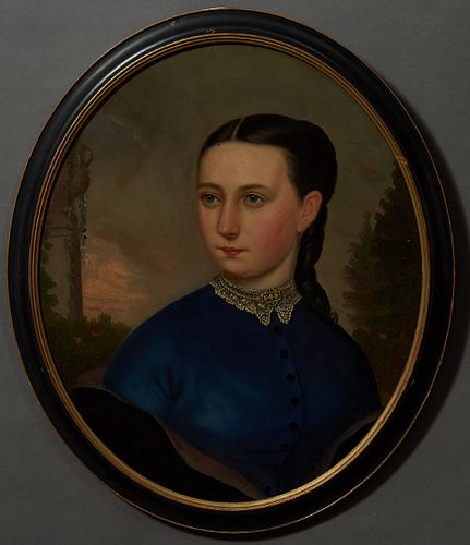 English School, "Portrait of a Lady with a Lace Collar," 19th c., oval oil on canvas, presented in an ebonized and gilt frame, H.- 2...