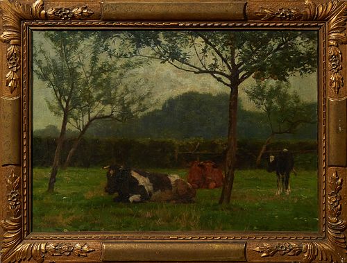 E. Van Damme Sylva (1853- ), "Cows in a Pasture," late 19th c., oil on canvas, signed lower right, presented in a period gilt and ge...