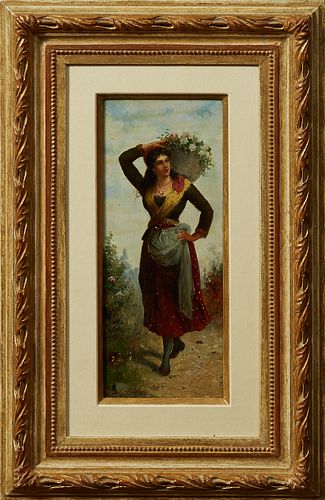 Hans Zatzka (1859-1945), "Woman with a Basket of Flowers," 19th c., oil on panel, signed lower left, presented in a gilt frame with...