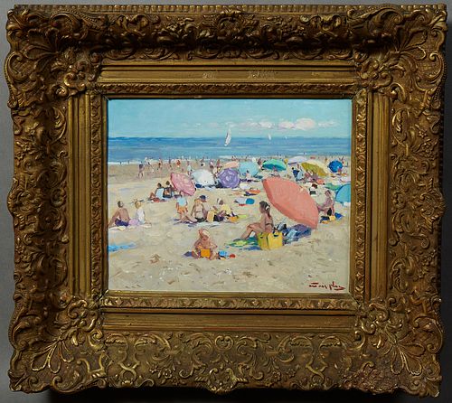 Niek van der Plas (1954- , Dutch), "A Day at the Beach," 20th c., oil on panel, presented in an ornate gilt and gesso frame, H.- 9 1...