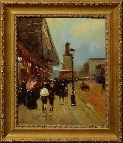 Roberto Le Rosset, "Paris Street Scene," 20th c., oil on board, signed lower left, presented in a gilt and gesso frame, H.- 20 3/8 i...