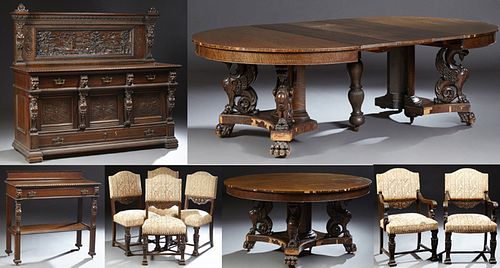 Carved Oak Nine Piece Dining Room Suite, in the style of Horner, consisting of a server, a figural carved sideboard, 6 (4 + 2) uphol...