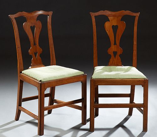 Pair of English Carved Mahogany Chippendale Style Side Chairs, early 20th c., the serpentine backs with pierced vertical splats, to...