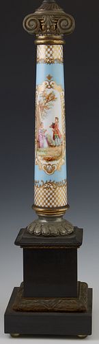Sevres Style Metal Mounted Porcelain Columnar Lamp, early 20th c., the brass plated Ionic capital atop a tapering gilt decorated pal...