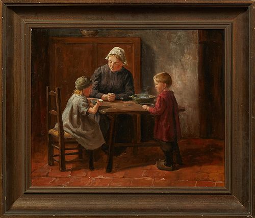 Hendricus Antonius Dievenbach (1872-1946, Dutch), "At the Kitchen Table," 19th c., oil on canvas, signed lower right, presented in a...