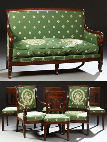 French Empire Style Carved Mahogany Seven Piece Parlor Suite, c. 1840, consisting of a settee, a pair of fauteuils and four side cha...