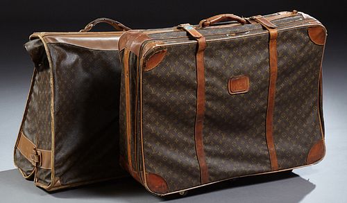 Two Vintage Louis Vuitton Suitcases, with the "LV" logo, one a folding hanging garment bag; the second a large suitcase on wheels, W...