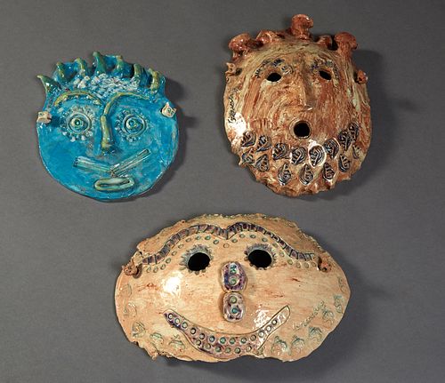Jo Ann Greenberg (1928-2013, New Orleans), "Brown Mask," "Green Face," and "Blue Mask," 20th c., three polychromed clay plaques, eac...
