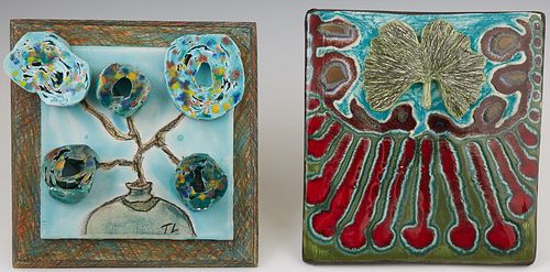 Tom Ladousa (Lafayette, Louisiana), "Fall #4," and "Celebration," 20th c., two pottery tiles, one signed lower right, both titled an...