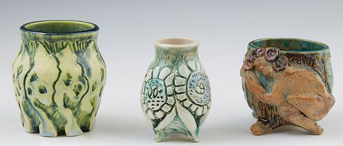 Jo Ann Greenberg (1928-2013, New Orleans), "Baluster Vases," 20th c., three polychromed relief decrated pottery vases, each signed o...