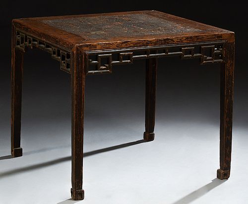 Chinese Carved Elm Side Table, late Ming Dynasty, the square top over a pierced carved skirt, on square tapered legs, H.- 27 3/4 in....