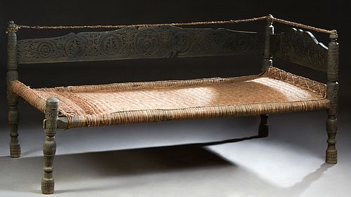 Antique Pakistan Provincial Carved Ebonized Day Bed, 19th
