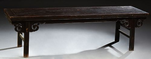 Chinese Carved Beech Lacquered Bench, 19th c., the rectangular top over a pierced scroll carved skirt, on reeded rectangular legs, H...