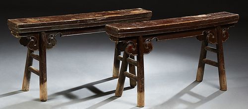 Pair of Chinese Provincial Polychromed Carved Elm Gate Benches, 19th c