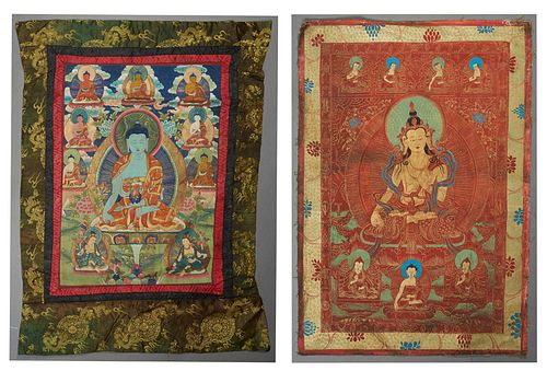 Two Tibetan Silk Thangkas, 19th c., oil on silk of a central Buddha surrounded by clouds and other deities, one with a black border,...