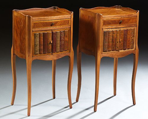 Pair of Louis XV Style Inlaid Carved Walnut Nightstands, late 19th c., the serpentine three quarter galleried top above a single dra...