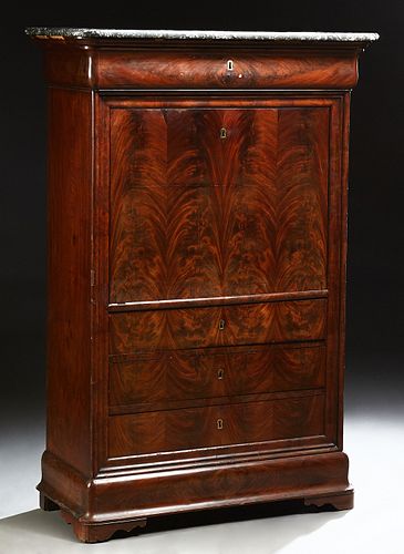 French Louis Philippe Carved Mahogany Marble Top Secretary Abattant, 19th c., the highly figured grey rounded edge and corner marble...