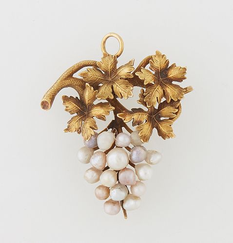 Late Victorian 18K Yellow Gold Brooch/Pendant, c. 1900, mounted with leaves atop a grape cluster of freshwater pearls, H.- 1 3/8 in....