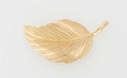 14K Yellow Gold Tiffany & Co. Leaf Brooch, c. 1950, marked Germany, now lacking its pin, H.- 1 1/4 in., W.- 2 in., D.- 1/2 in. Wt.-...