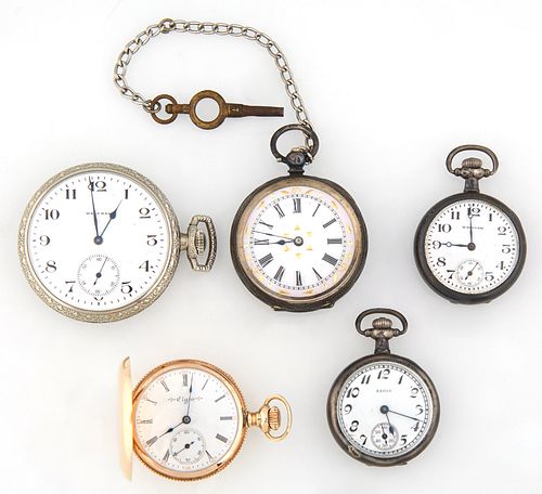 Group of Five Pocket Watches, consisting of a 14K yellow gold Elgin Lady's hunting case example, Ser. # 10058374, the reverse with a...