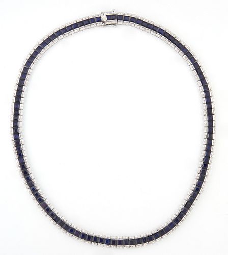 14K White Gold Link Necklace, each of the 105 links with a square blue sapphire bordered on each side by two small round diamonds, t...