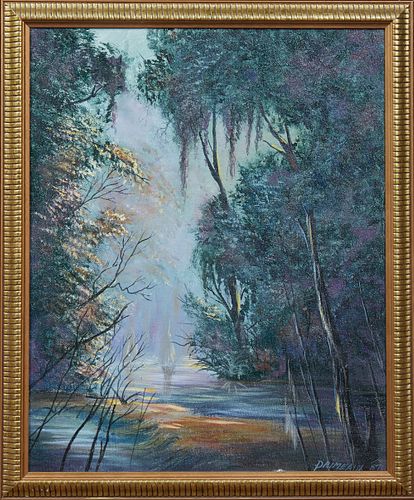 Primeaux (Louisiana), "Cabin on the Louisiana Bayou," and "Bayou Interior," 20th c., pair of oils on board, signed and dated lower r...