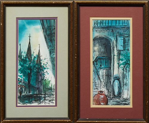 Tom Lane (New Orleans), "St. Louis Cathedral" and "French Quarter Patio," 20th c., pair of watercolors, signed lower right, presente...