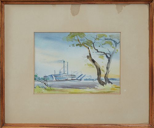 Charles Henry Reinike (1906-1983, Louisiana), "Paddlewheeler on the River," 20th c., watecolor, presented in a mahogany frame, H.- 6...