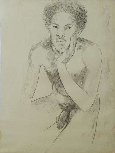 George Valentine Dureau (1930-2014, New Orleans), "Portrait of a Seated Afro-American Nude Male," 20th c., charcoal on paper, shrink...