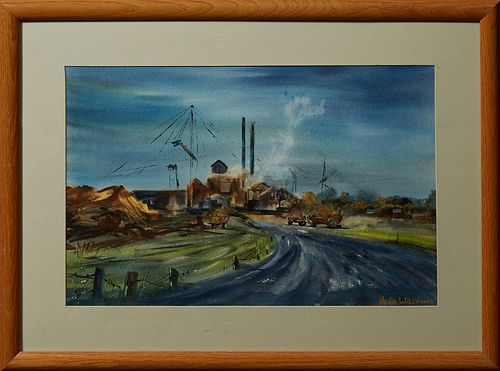 Jean Williams, "Sugar Mill," 20th c., watercolor, signed lower right, titled verso, presented in a natural oak frame, H.- 14 in., W....