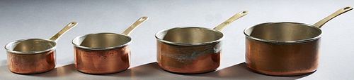 Group of Ten French Copper Graduated Sauce Pans, early 20th c., five with brass handles and five with iron handles, Largest- H.- 4 1...