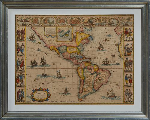 Map: Giuilielmo Blaeuw (1600-1699), "Americae Nova Tabula," c. 1622, copper plate engraving of the Western Hemisphere with full colo...