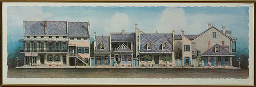 Jim Blanchard (1955-, New Orleans), "Creole Townhouses," 20th c., colored print, pencil signed lower right margin, presented in a gi...