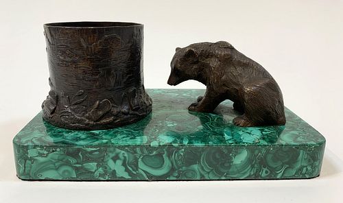 19th C. Russian Bronze Bear & Malachite Desk Set