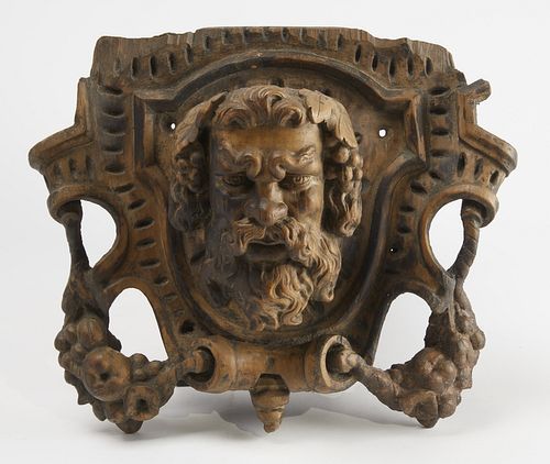 Early Carved Wood Head of Bacchus