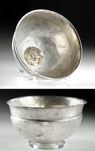 Gorgeous Roman Silver Bowl, Gilded Helios in Relief