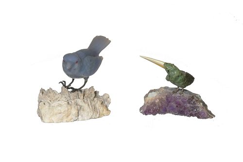 Carved Lavender Jade Songbird and Green Stone Bird