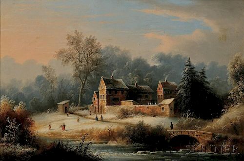 Edmund C. Coates (American, 1816-1871)      Winter Landscape with Figures, Brick Cottages, and an Arched Bridge